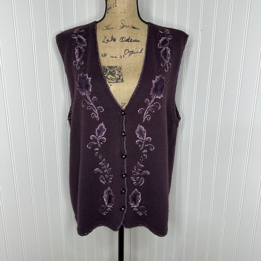 Koret Embroidered Sweater Vest Sz M Purple Dark Academia‎ Preppy Professor Vtg - Picture 2 of 15